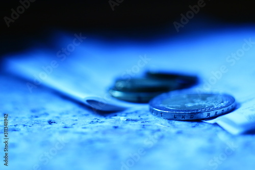 Out of focus of Euro coins and some bill from a store. Conceptual clip for spending the money, expenses, economy.