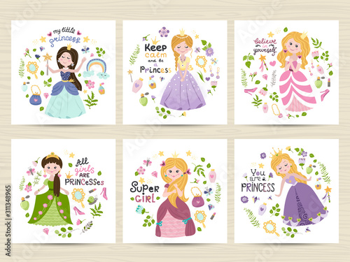 Set of cards with cute princesses