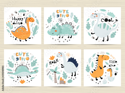 Set of posters with cute dinosaurs and letterings.