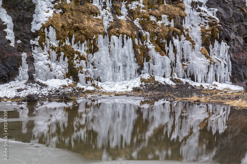 Frozen icicles are reflected in the water. Iceland.