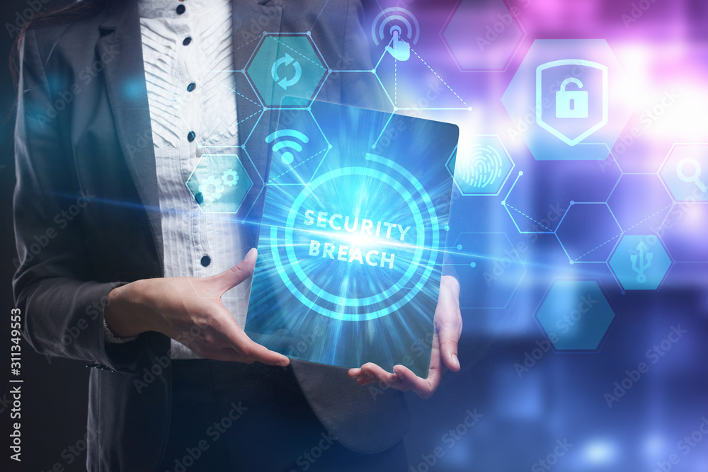Obraz premium Business, Technology, Internet and network concept. Young businessman working on a virtual screen of the future and sees the inscription: Security breach