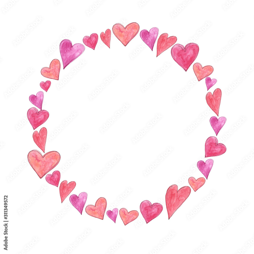 Love circle frame (wreath) with hearts. Hand drawn watercolor element for St. Valentine's day, wedding, Birthday design.