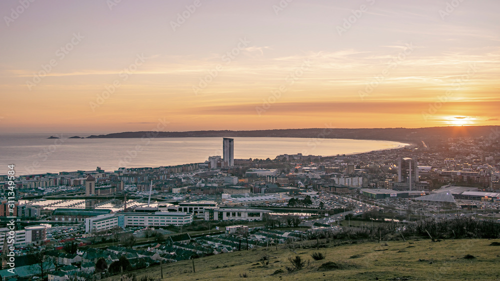 Swansea City at sunset, Wales, UK