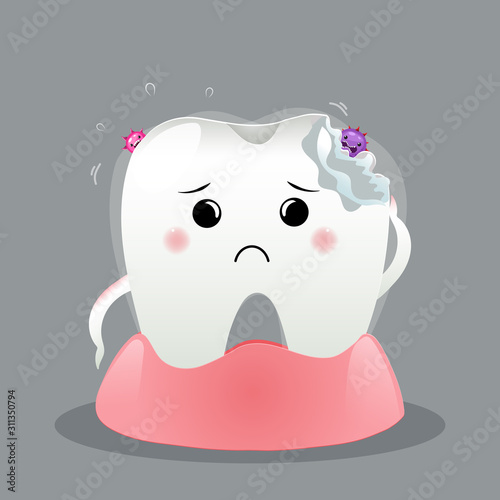 Cute cartoon with tooth decay character cleaning itself with oral dental hygiene, children dentistry concept. Vector Illustration
