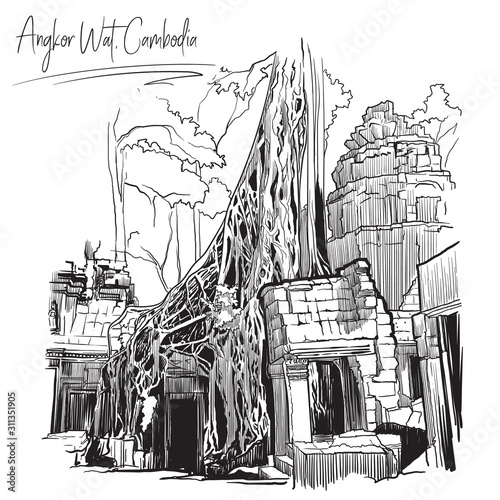 Ruins of the ancient temple, destroyed by the tree rootsAngkor Wat, Cambodia. Linear sketch on a white background. Vintage design. Travel sketchbook drawing. EPS10 vector