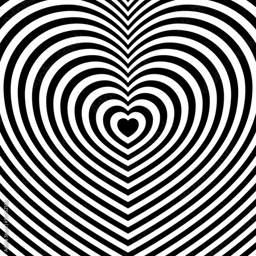 Striped heart shaped pattern. Fashionable ornament with the effect of illusion. Repeating black and white lines. Flat minimalism.