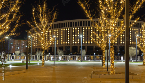 Holiday illumination for New Year and Christmas in Krasnodar city.  Krasnodar Stadium with luminous digits 2020. City park Krasnodar  Galitsky park. Krasnodar  Russia - December  2019