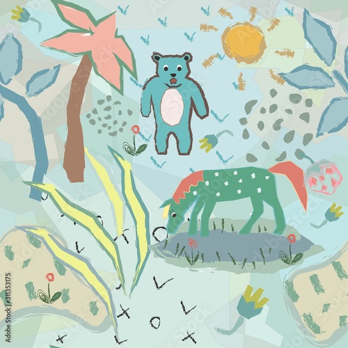 Funny Seamless Pattern with horse and bear. Creative Design.