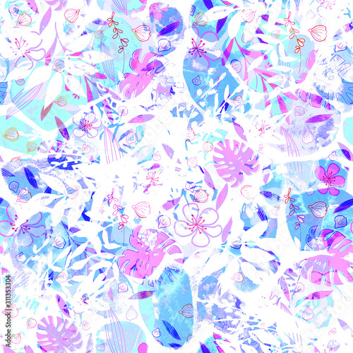 Abstract pattern with floral motifs of the tropics and flowers. Seamless pattern © grusha_i_vishenka 