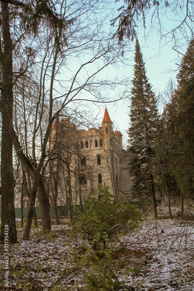 An abandoned castle standing behind green trees and snow covered ground An abandoned castle standing behind green trees and snow covered ground