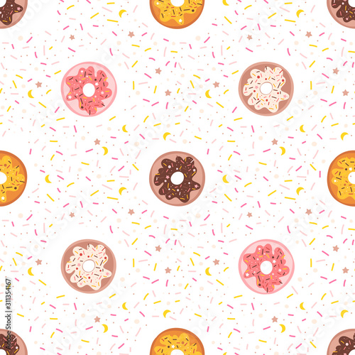 Donuts seamless pattern. Cute hand drawn vector illustration with sprinkled on the background
