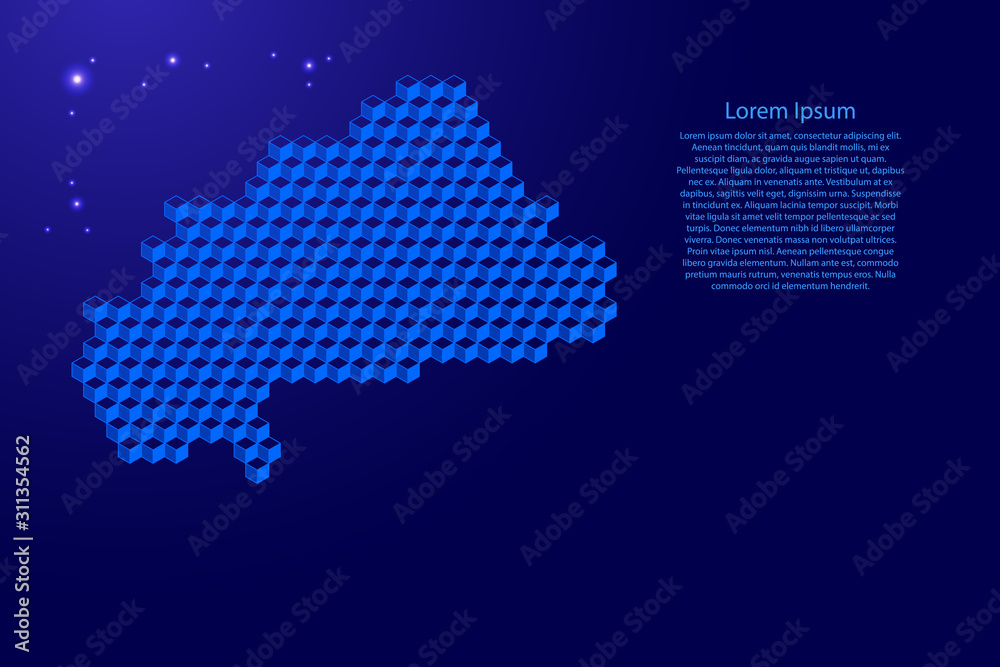 Burkina Faso map from 3D classic blue color cubes isometric abstract concept, square pattern, angular geometric shape, glowing stars. Vector illustration.