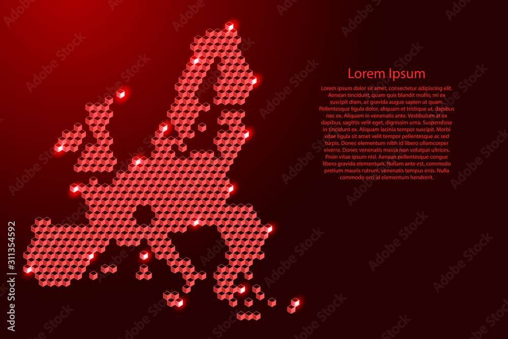 European Union map from 3D red cubes isometric abstract concept, square pattern, angular geometric shape, for banner, poster. Vector illustration. European Union map from 3D red cubes isometric abstract concept, square pattern, angular geometric shape, for banner, poster. Vector illustration.