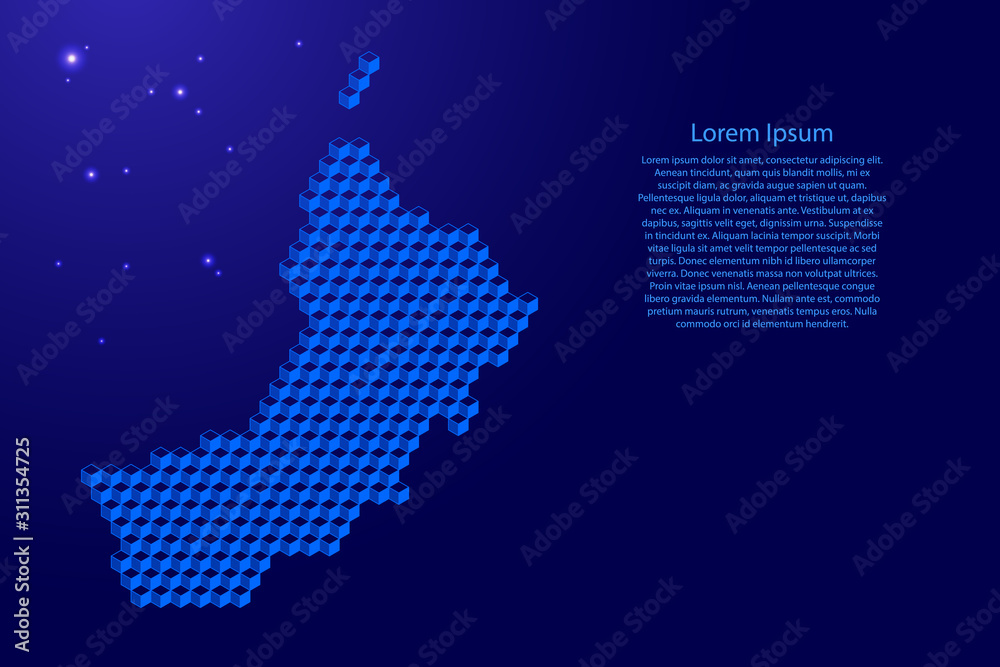 Oman map from 3D classic blue color cubes isometric abstract concept, square pattern, angular geometric shape, glowing stars. Vector illustration.