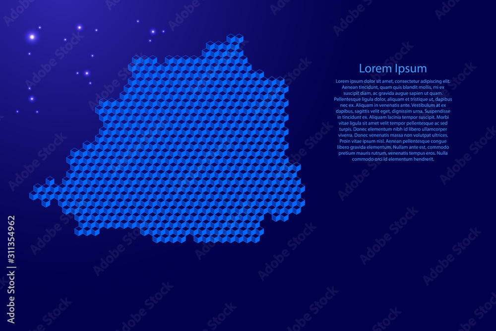 Vatican map from 3D classic blue color cubes isometric abstract concept, square pattern, angular geometric shape, glowing stars. Vector illustration.