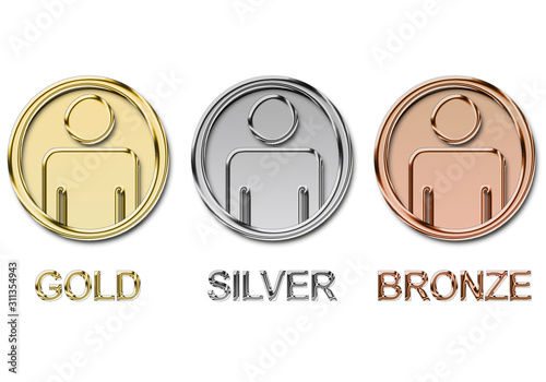 Ilustración de iconos metálicos de oro, plata y bronce en inglés.