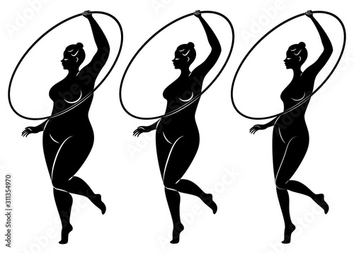 Collection. Silhouette of a cute lady, she is engaged in rhythmic gymnastics with a hoop. The woman is overweight and a slender girl athlete. Vector illustration set.