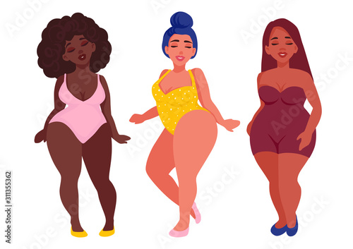 Body positive. Happy Women with different skin color dressed in swimsuits.
