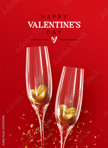 Happy Valentine's Day. Romantic composition design, Realistic two glasses of champagne wine with golden hearts in them, glitter gold confetti. Red background. Holiday gift card, festive banner, poster