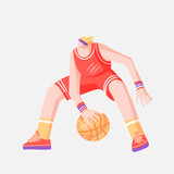 Vector flat colored sketch illustration of professional basketball player, playing with basketball ball in dynamic pose, isolated on white. Modern vector illustration of professional basket ball