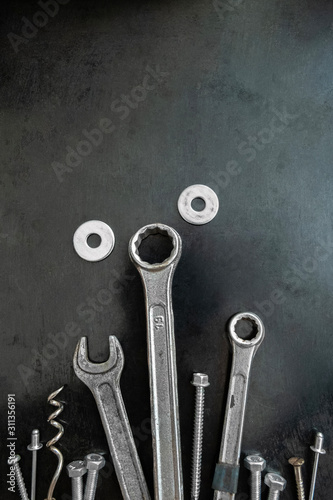 Work tools in a creative composition. Decorative image. Wrenches and screws in the image of grass. Animated objects. Tools. Steel tools decor.