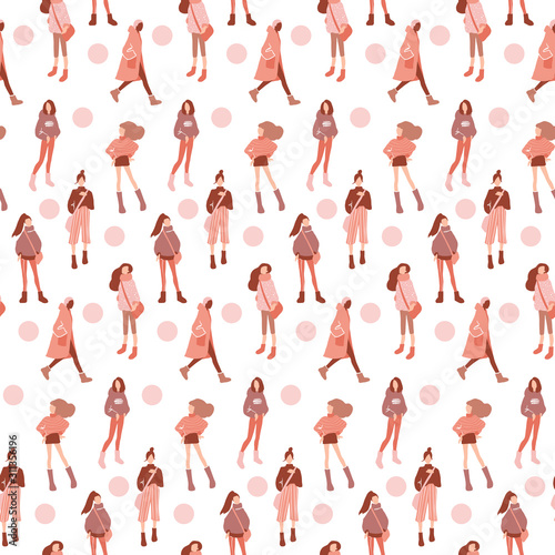 Vector seamless pattern with young women in modern style. Young People background.