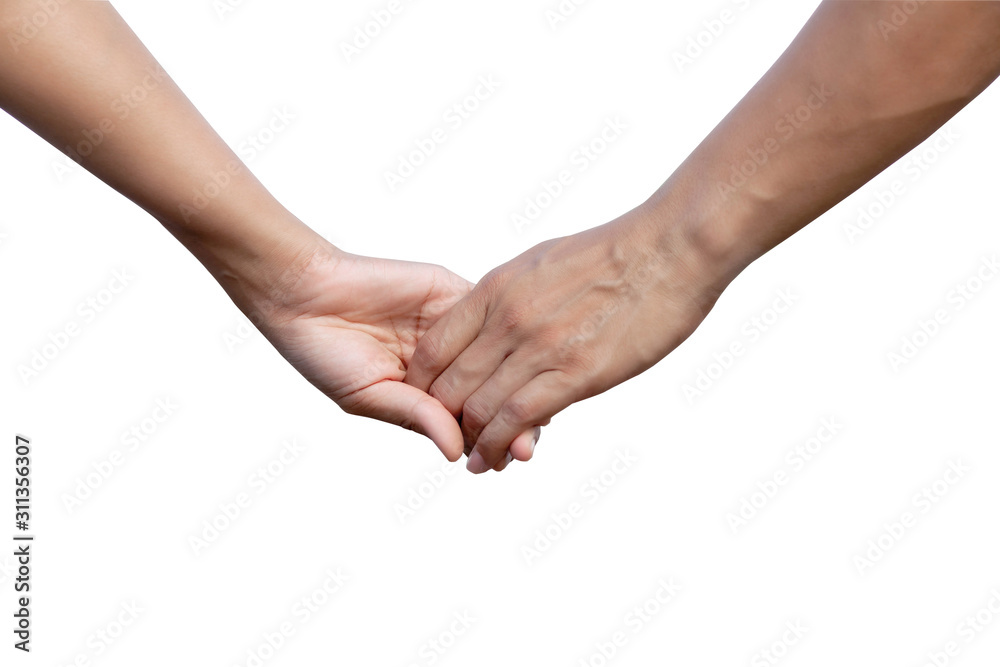 love concept between man and woman - man's hand hold by a woman hand isolated on the white background