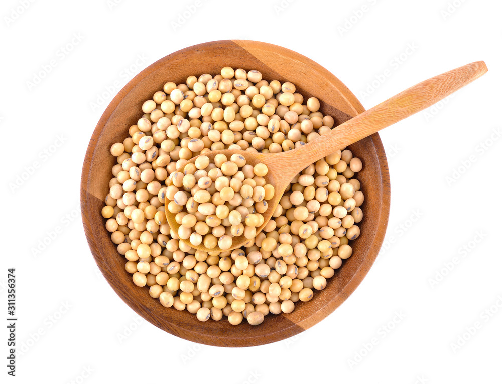 soybeans in wooden bowl on white background soybeans in wooden bowl on white background