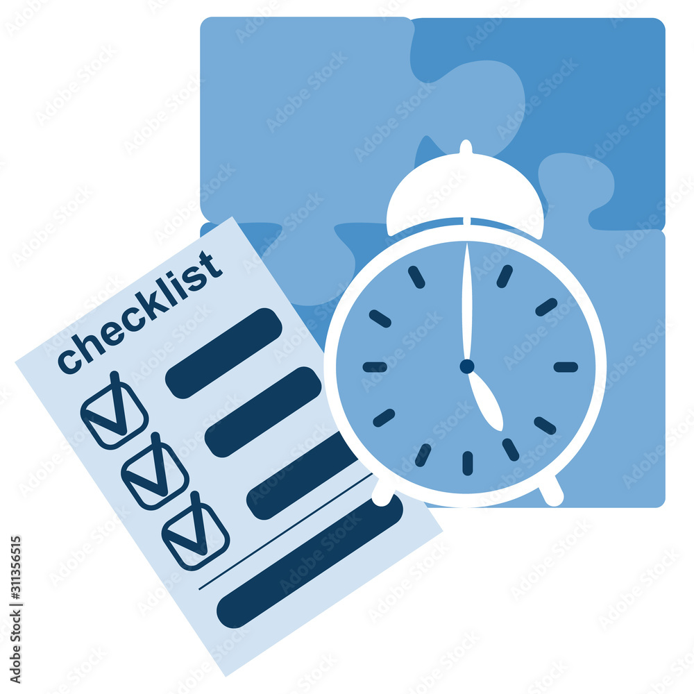 Checklist and clock. Concept of time managment, deadline, self control, self discipline, tasks and time. Vector illustration in flat blue design Checklist and clock. Concept of time managment, deadline, self control, self discipline, tasks and time. Vector illustration in flat blue design