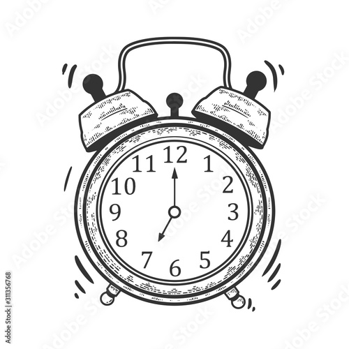 Alarm clock ring at morning sketch engraving vector illustration. T-shirt apparel print design. Scratch board imitation. Black and white hand drawn image.