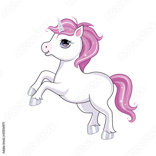 Cute little unicorn character over pink round background. Vector.