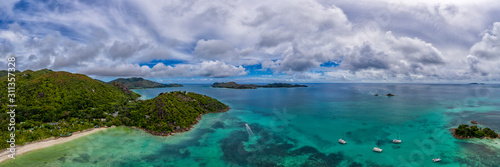 praslin island seychelles paradise beach aerial drone panorama landscape anse volbert photo