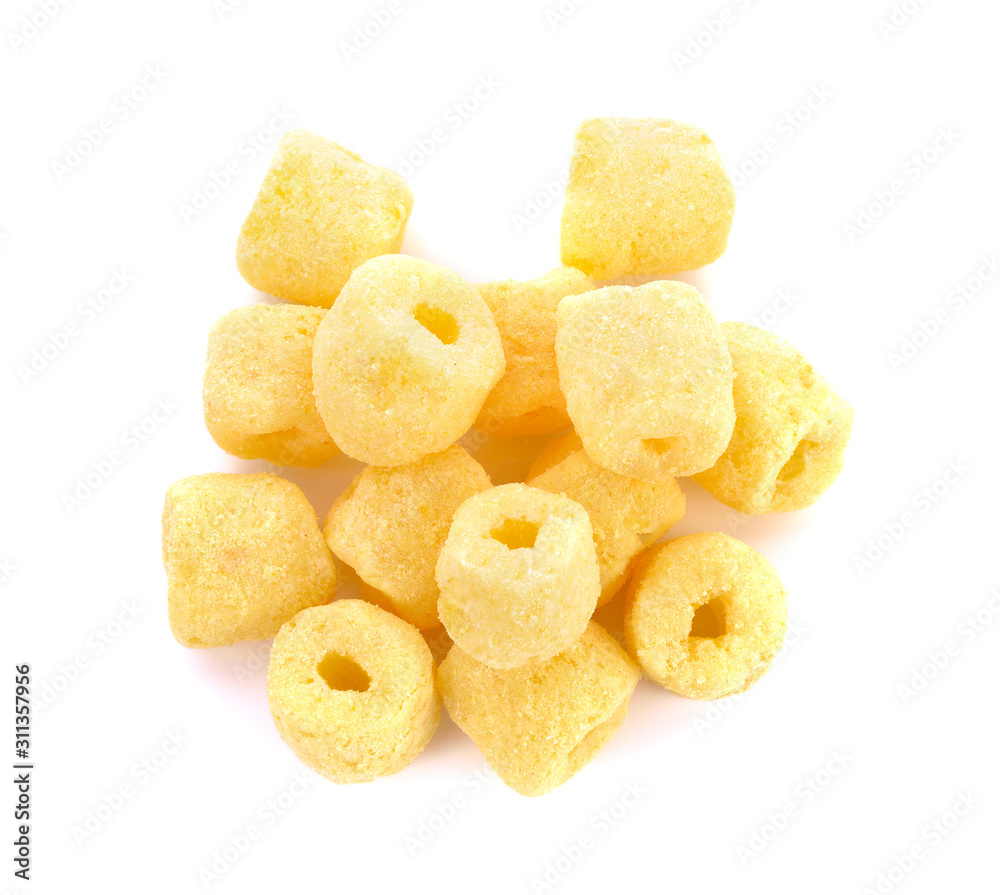 Crunchy corn snacks milk flavour on white background
