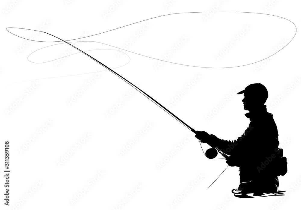 Fly fisherman fishing.clip art black fishing on white background - Vector  Stock Vector