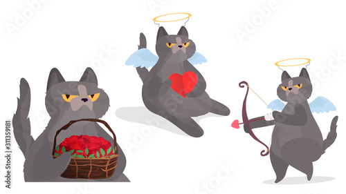 Funny gray cat set. Cat with a serious look set. Chubby cat. Cats on a white background. Concept for the Valentines Day. Good for designer cards or t-shirts. 