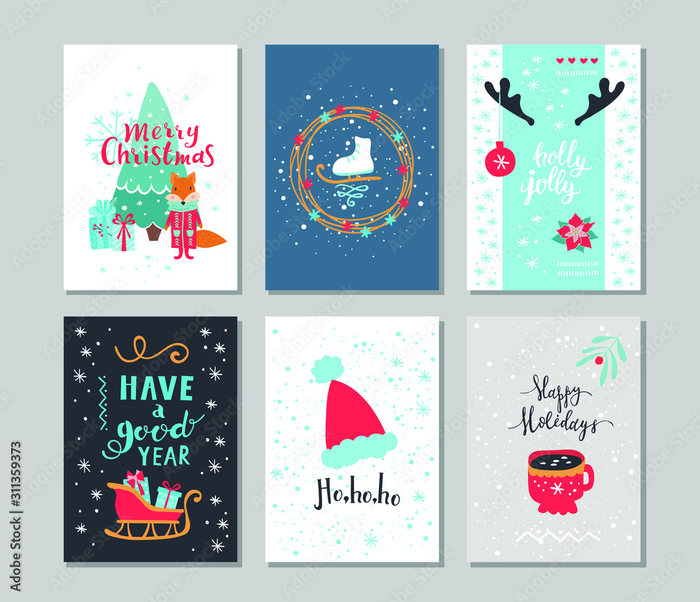 Set of winter holidays greeting cards. Vector set