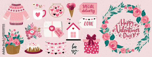 Valentine's day cute vector illustrations, floral wreath and hand drawn lettering typography set.