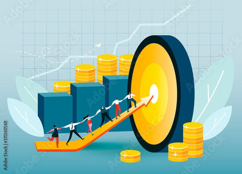 Corporate workers climb arrow to target. People rise their skills. Employees achieve goal. Teamwork increases profits. Conceptual vector illustration EPS 10 on light blue background