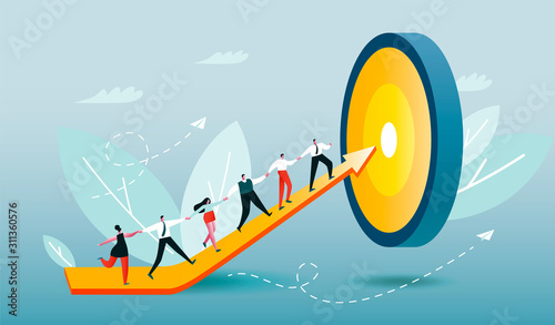 Corporate workers climb arrow to target. People rise their skills. Employees achieve goal. Team building work in progress. Conceptual vector illustration EPS 10 on light blue background