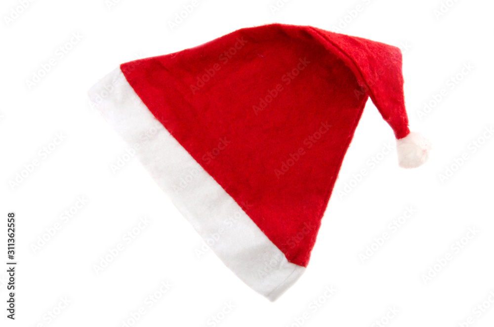Santa red hat isolated on a white background. View from above. Close-up. Santa red hat isolated on a white background. View from above. Close-up.