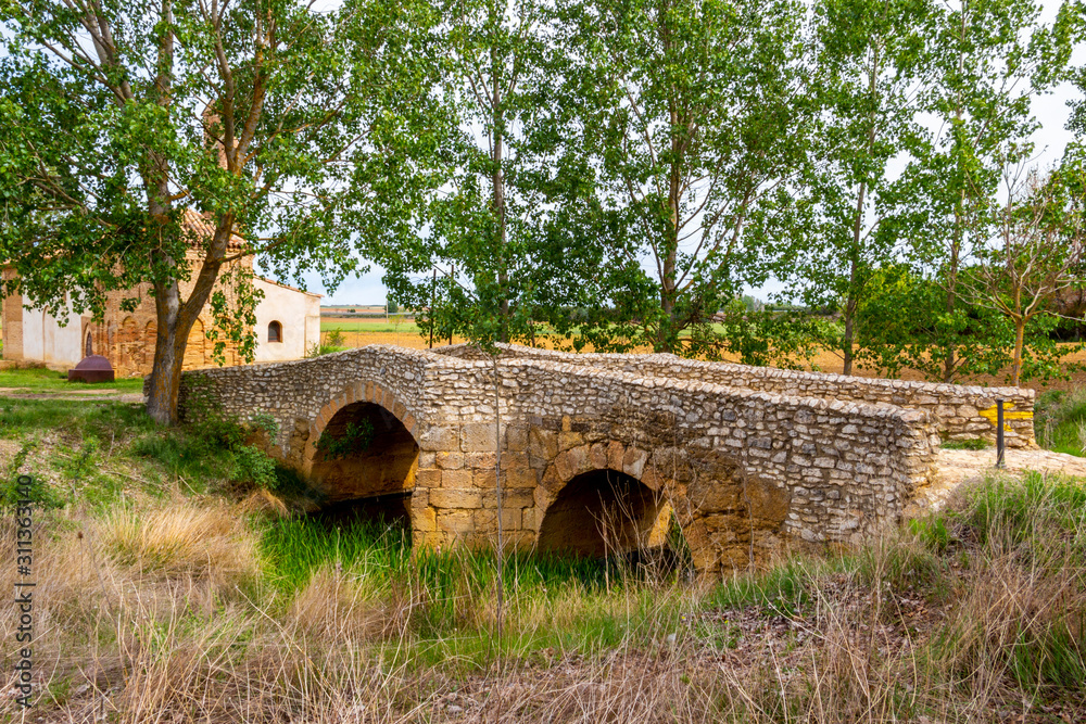 Obraz premium Old bridge to the Shrine of La Virgen del Puente in Sahagun, Province of Leon, Castile and Leon, Spain on the Way of St. James, Camino de Santiago