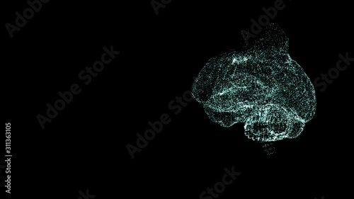 Green brain shape connection of shining particles lavitating over black background. photo