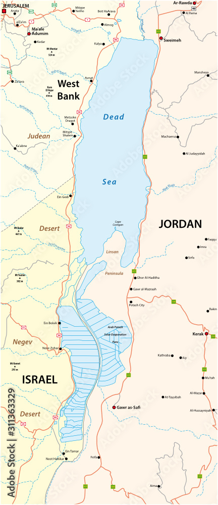 Map of the Dead Sea, lying between Israel West Bank and Jordan Stock ...