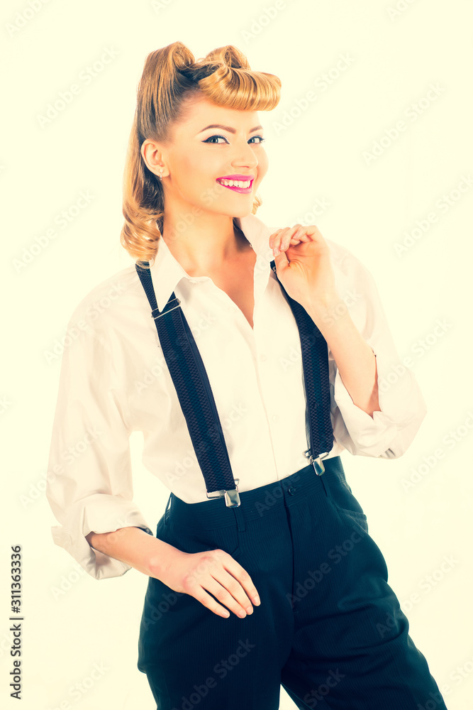 Beautiful business woman. Young girl on a white background. Attractive pretty female.