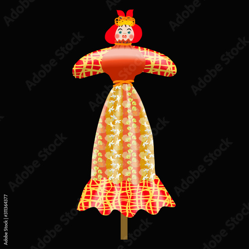 Shrovetide. Vector illustration of a ceremonial effigy, Shrovetide doll on a wooden pole, in a dress with flowers, a red scarf isolated on a black background. Maslenitsa for winter wires.