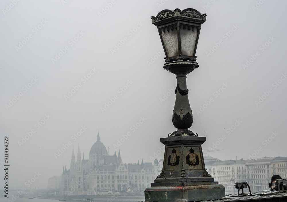 View in the fog on the parliament in Budapest