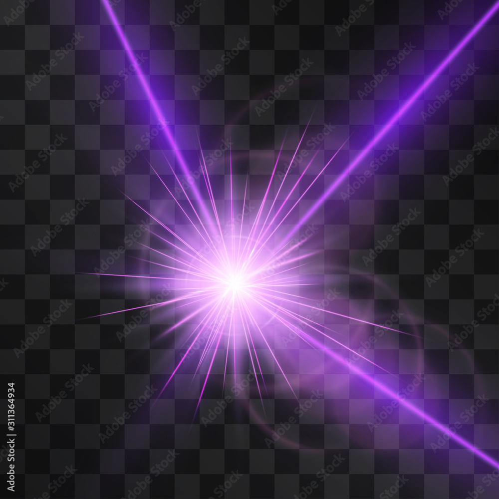 Stockvector Laser beam light effect, burning explosion isolated on  transparent background. Vector neon cold purple energy, glowing ray with  lens flare. Hi tech modern shining design element for text ads, posters