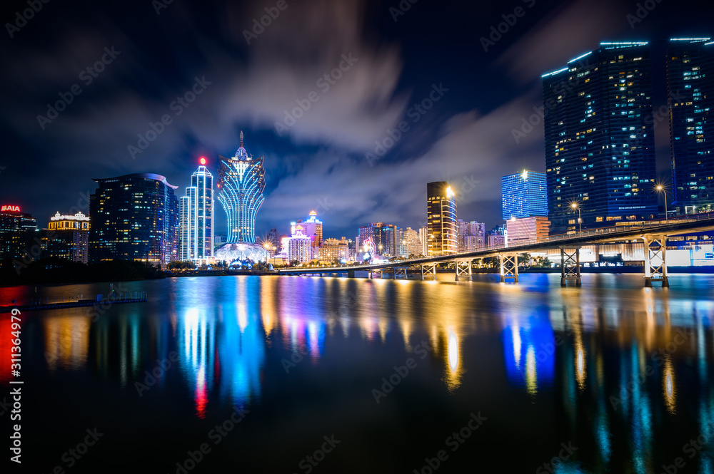 Fototapeta premium Macau Peninsula, Macau, China, December 2019, Casino Buildings Night View