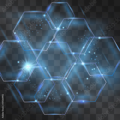 Glass hexagon neon blue honeycombs cluster with cold flares and hazy lights on transparent background. Modern hi tech style vector geometric backdrop. Crystal futuristic structures.