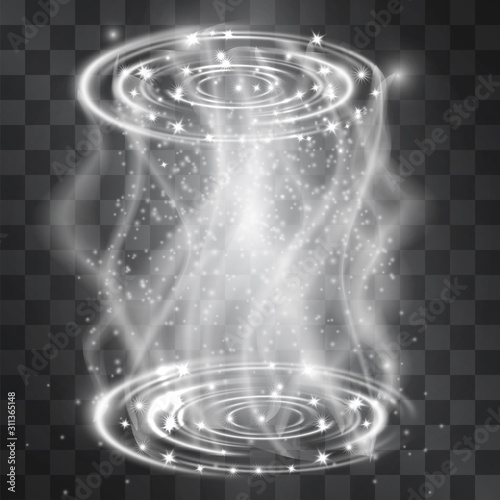 Foggy waves portal funnel light silver white effect. Vector glowing swirling vortex cylinder of shining stardust sparkles on transparent background. Glittering flashes of magical pedestal illumination